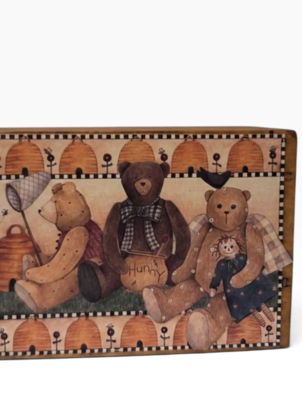 Vintage Style Wooden Teddy Bear Caddy Primitive Country Folk Art Organizer